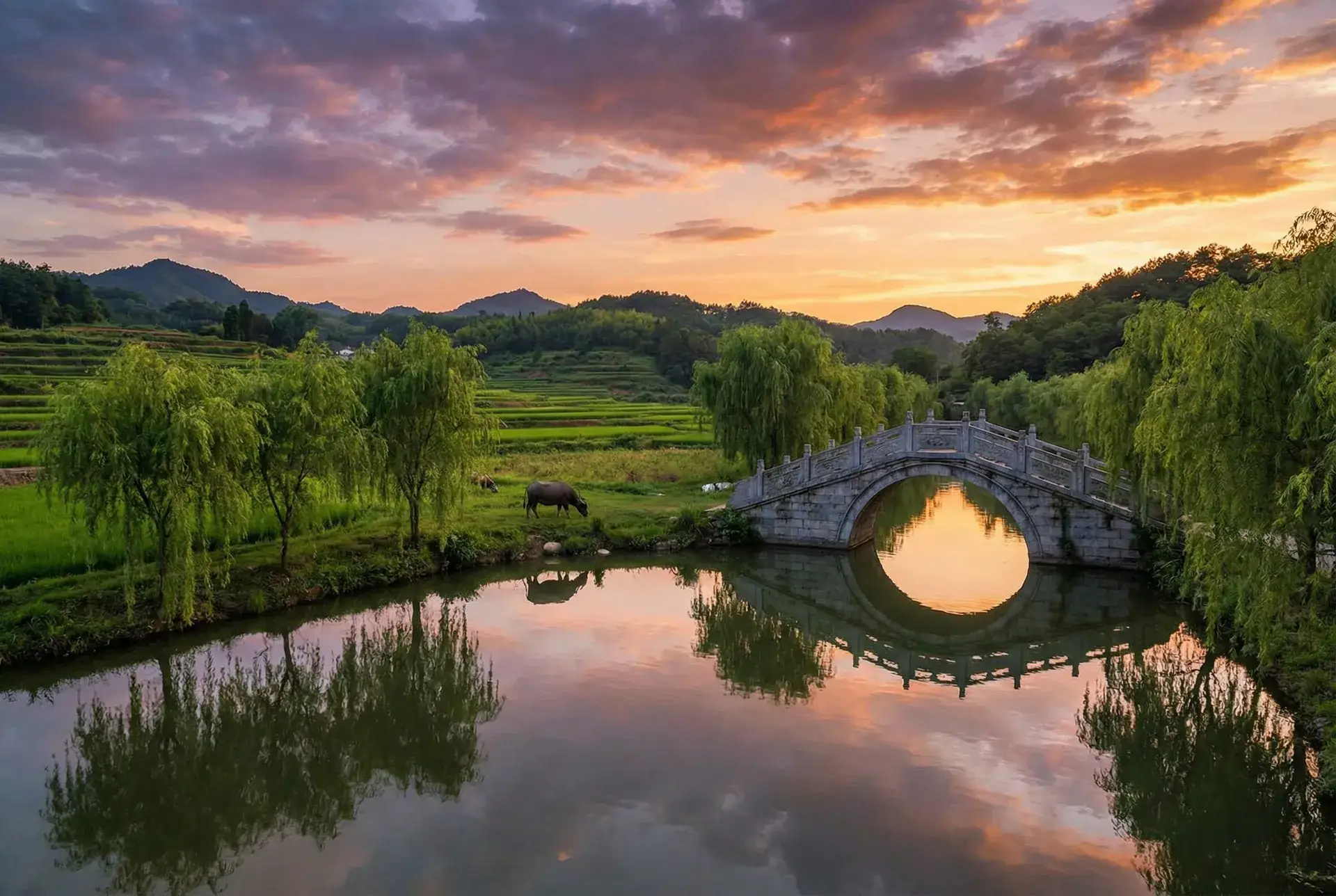 夕阳下的石拱桥与垂柳，水牛在河边吃草 - 激战高清在线观看 乡村美景